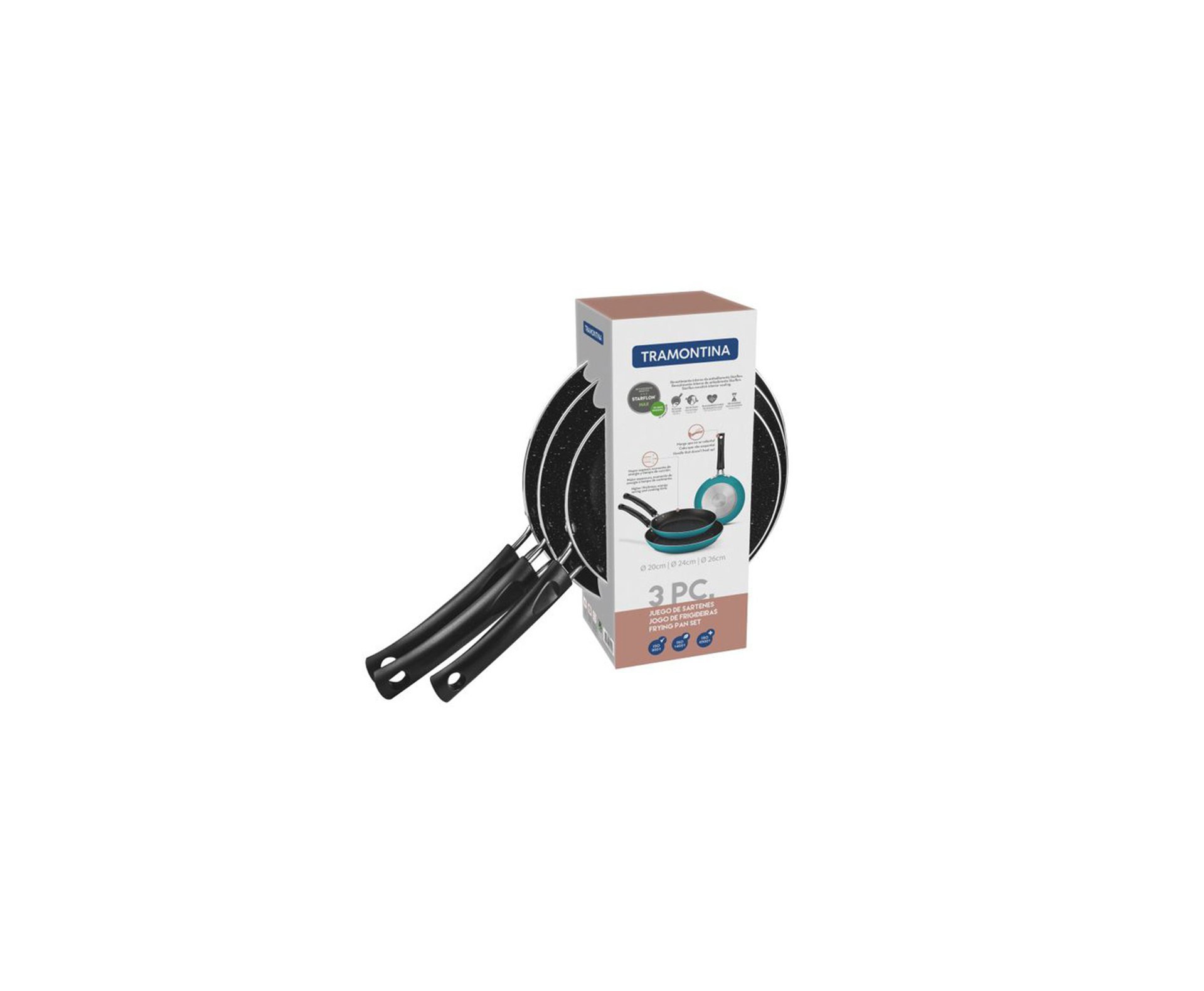 Jogo de Frigideiras Tramontina em Alumínio com Revestimento Interno Antiaderente Starflon Max e Externo em Silicone Turquesa 3 Peças