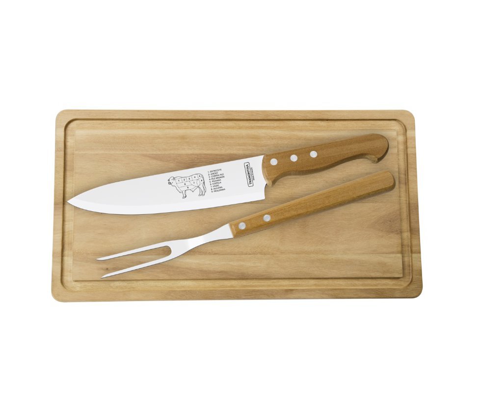 Kit P/ Churrasco 3 Pçs Sortidos com Laminas de Aço Inox e Cabos de Mad. - Tramontina