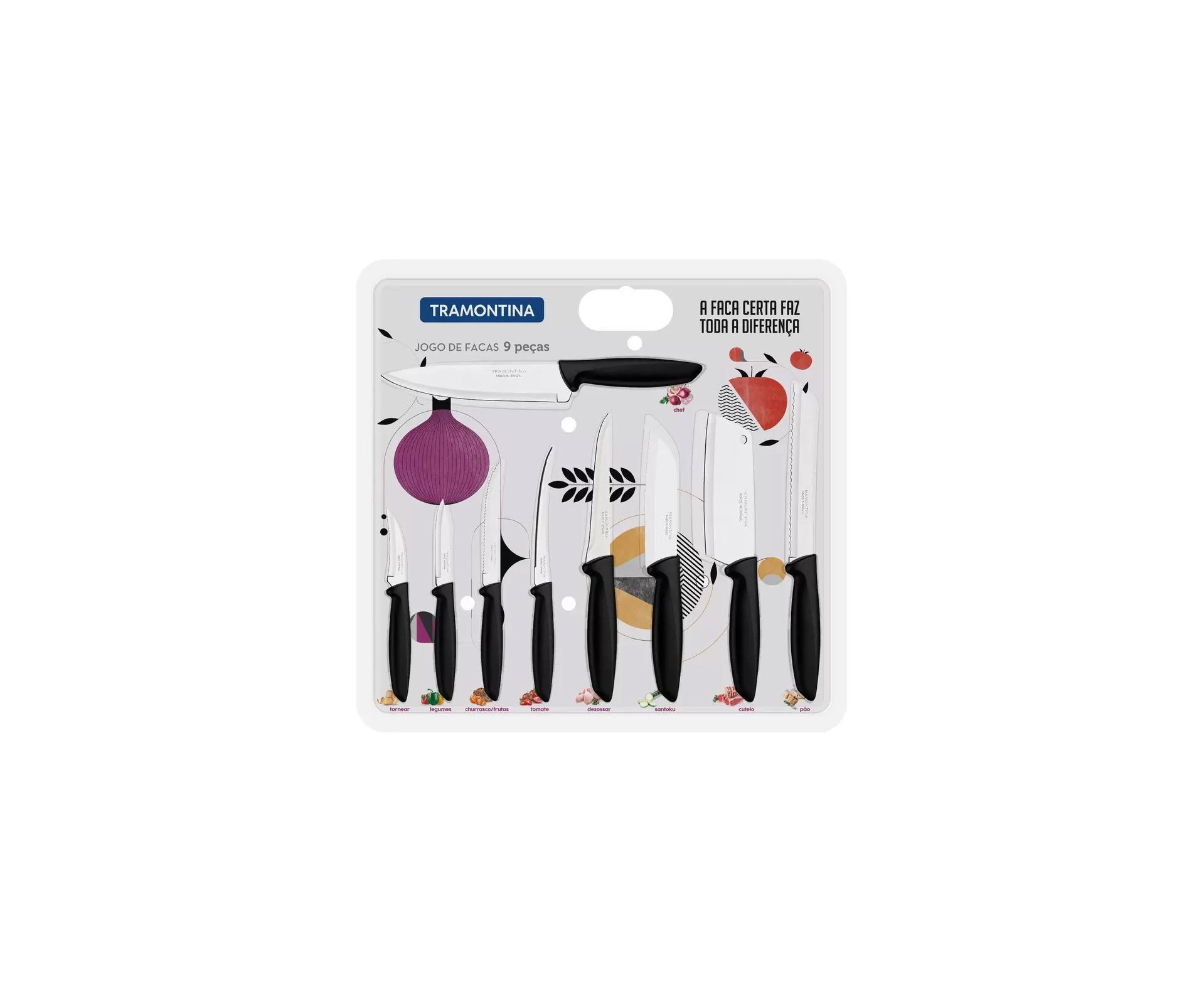 Jogo de Faca 9 Peças Plenus Preto - Sortidos C/ Lâminas de Aço Inox e Cabo de Polipropileno - Tramontina