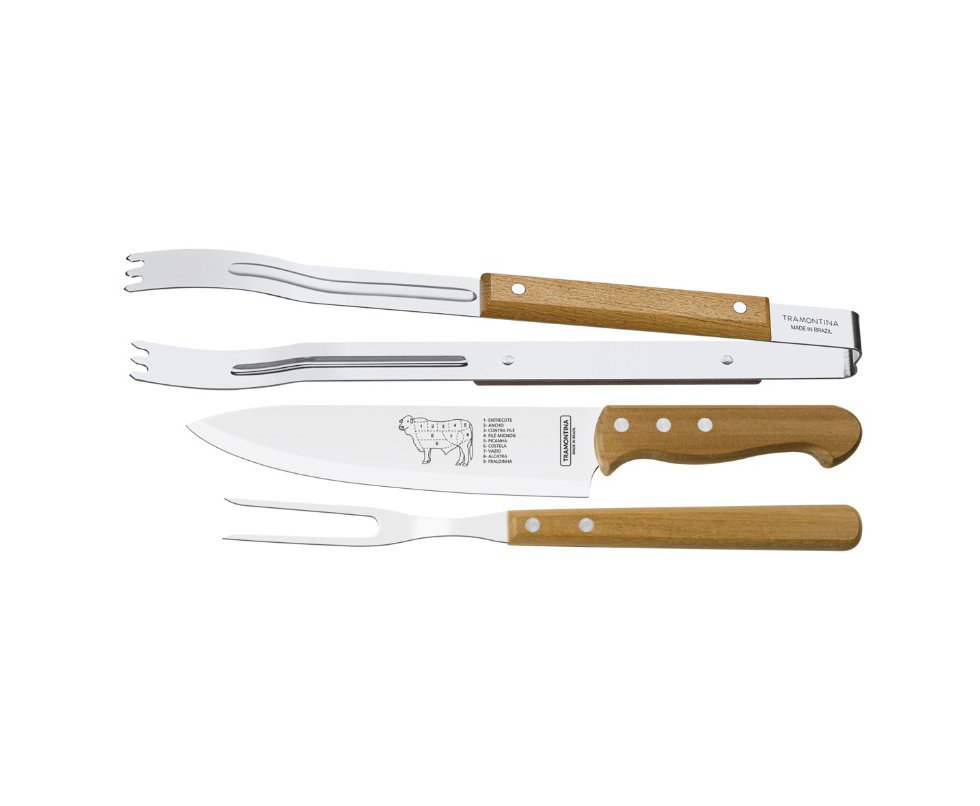 Jogo para Churrasco Tramontina 3 pçs com Lâminas Aço Inox e Cabos de Madeira Natural 22399/075