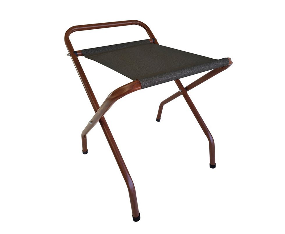 Suporte de Mala Aluminio Amadeirado C/ Encosto Preto - Zaka  Hoteis Pousadas Quartos