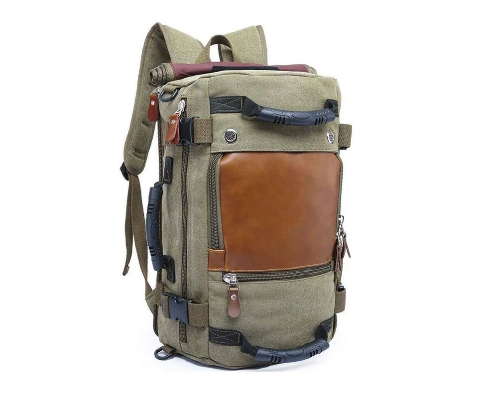 Mochila Kaka® Notebook Multifuncional Lona e Couro Legítimo - Verde Militar