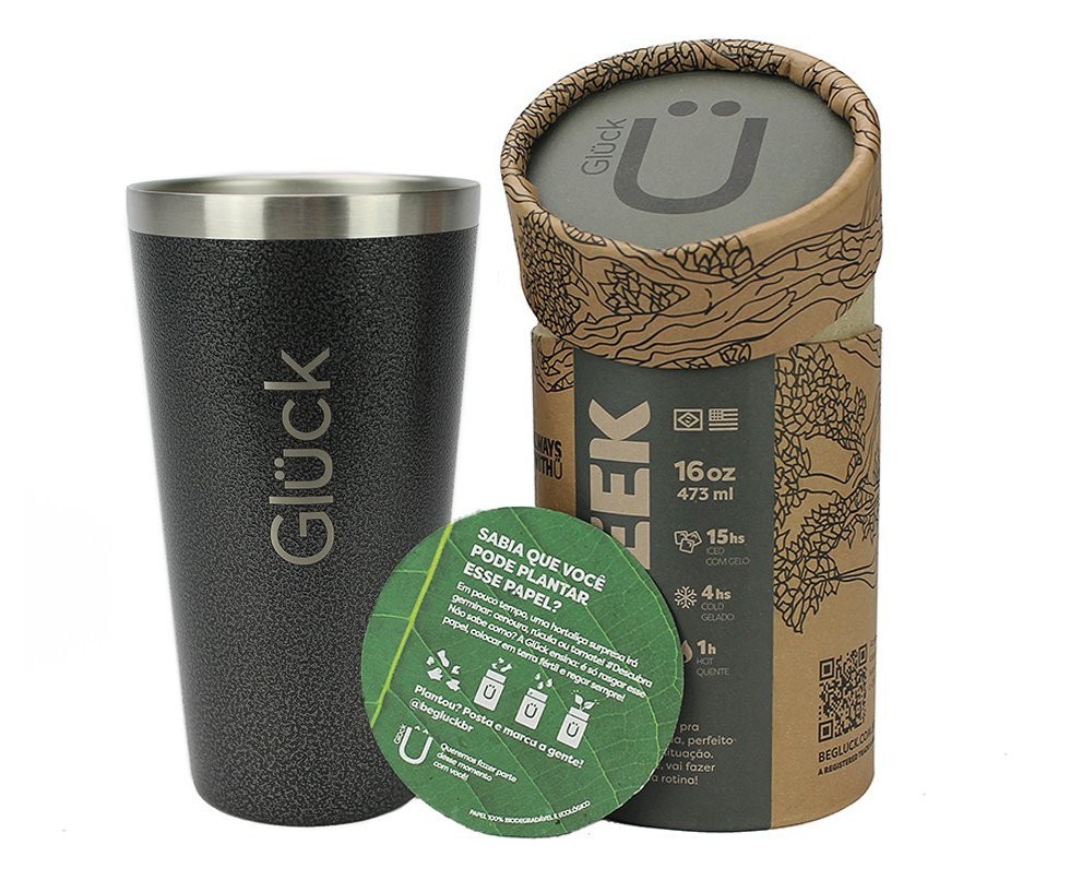 Copo Térmico Gluck Sleek Hammer Black em Aço Inox 473ml Suporta 4h Gelado