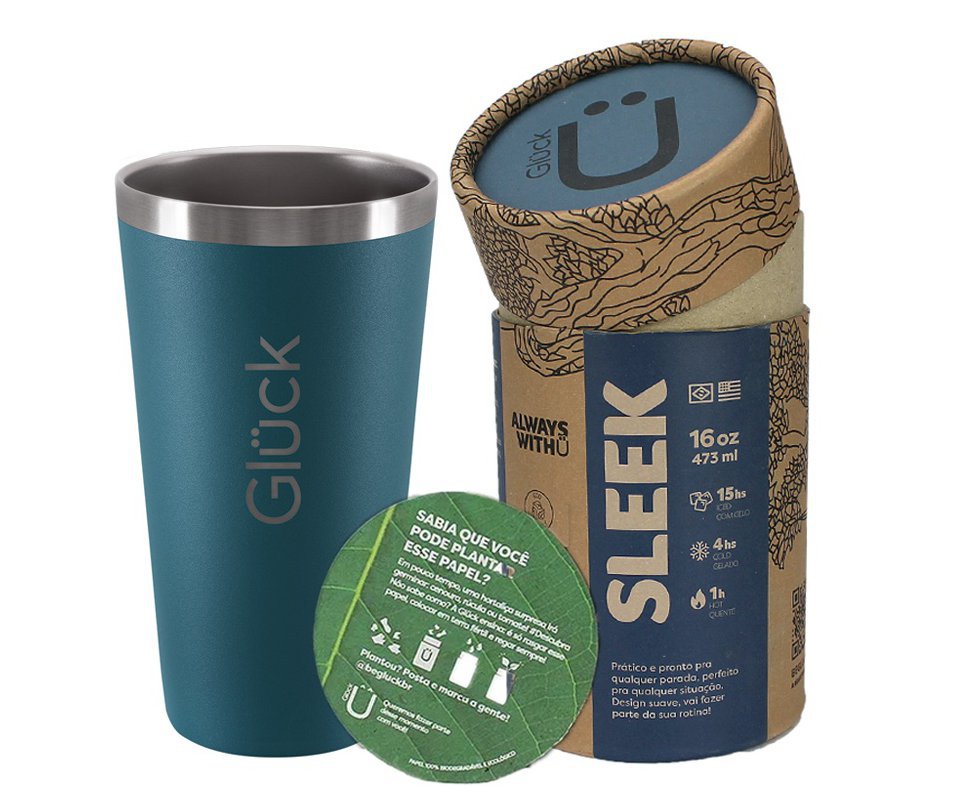 Copo Térmico Gluck Sleek Porsche Blue em Aço Inox 473ml Suporta 4h Gelado