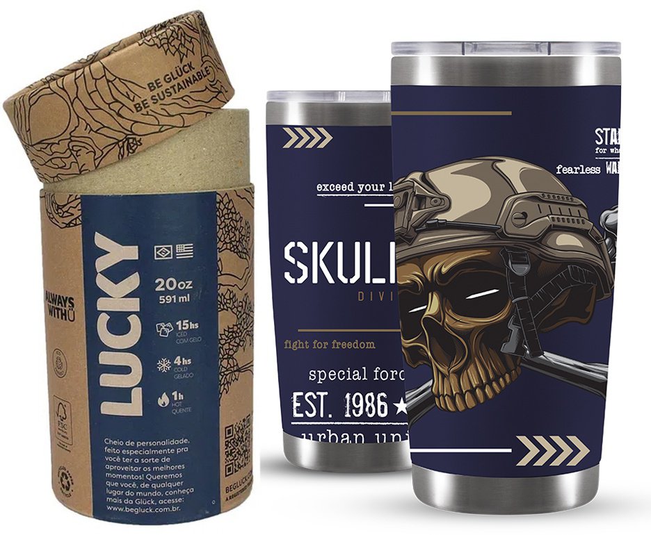 Copo Térmico Gluck Para Cerveja Lucky Skull Division Military 591ml Inox Nigth Blue
