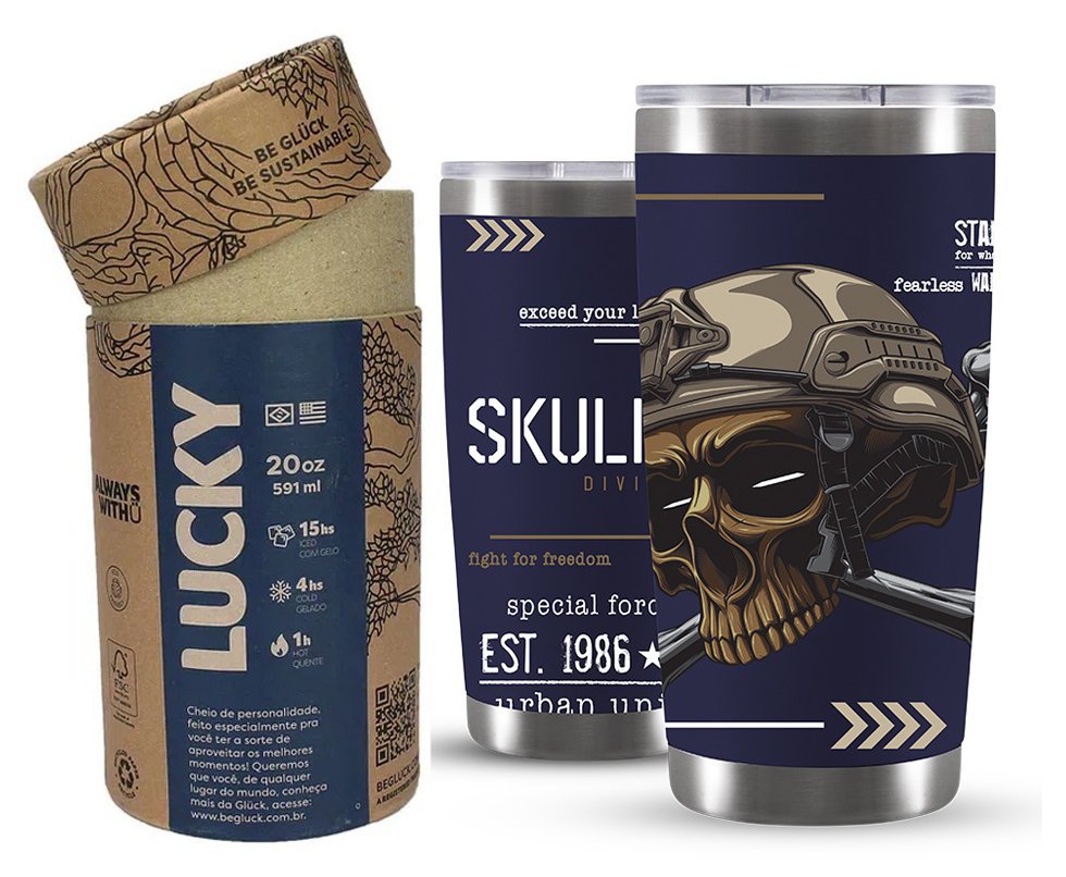 Copo Térmico Gluck Para Cerveja Lucky Skull Division Military 591ml Inox Nigth Blue
