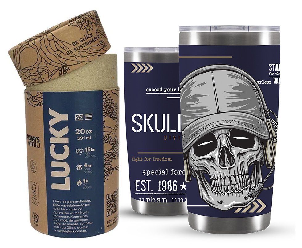 Copo Térmico Gluck Para Cerveja Lucky Future Skull Division Cap 591ml Inox Nigth Blue