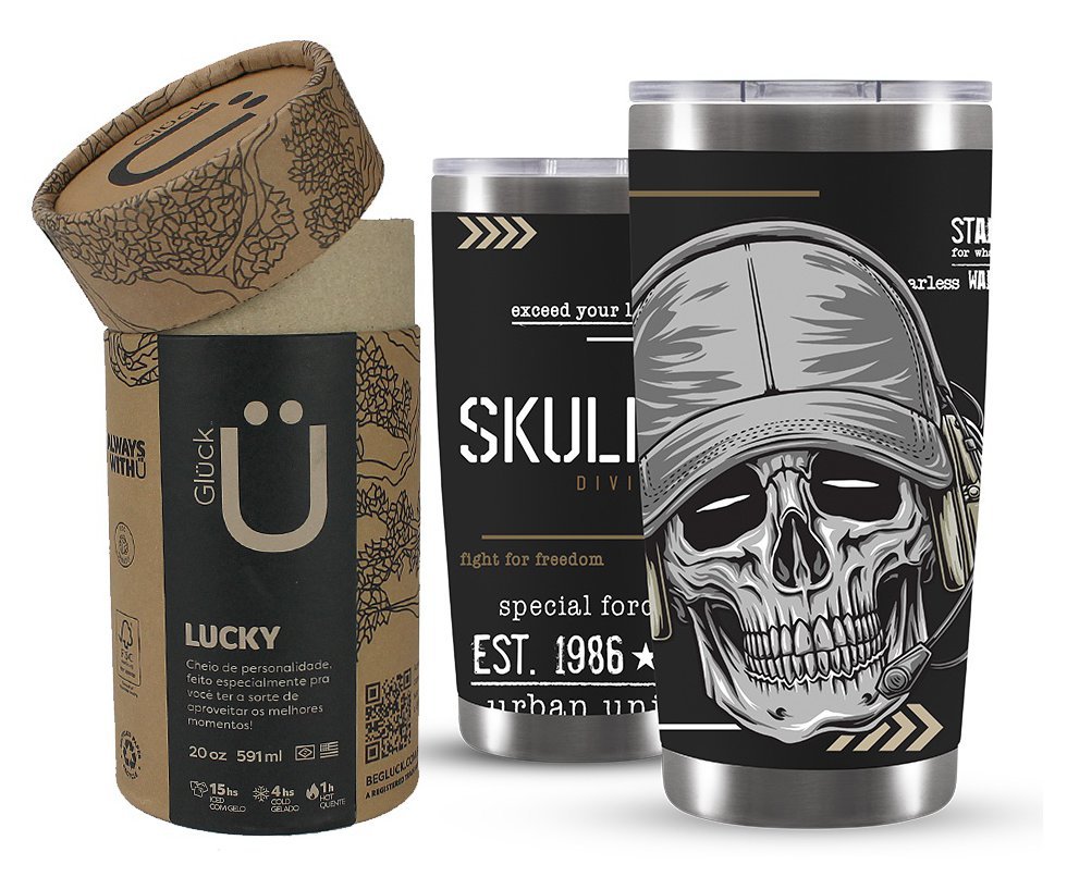 Copo Térmico Gluck Para Cerveja Lucky Future Skull Division Cap 591ml Inox Black