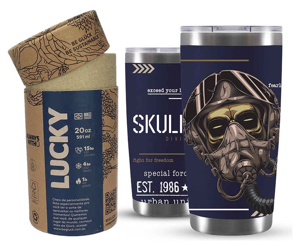 Copo Térmico Gluck Para Cerveja Lucky Future Skull Division Mask 591ml Inox Night Blue