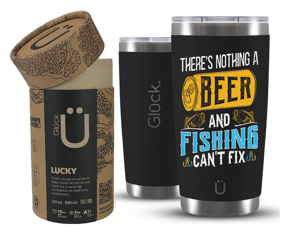 Copo Térmico Gluck Para Cerveja Lucky Future Fishing & Beer Cant Fix 591ml Inox Black