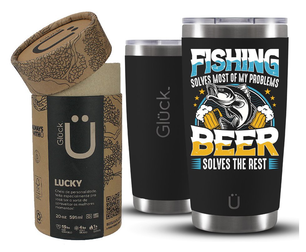 Copo Térmico Gluck Para Cerveja Lucky Future Fishing & Beer Solves 591ml Inox Black