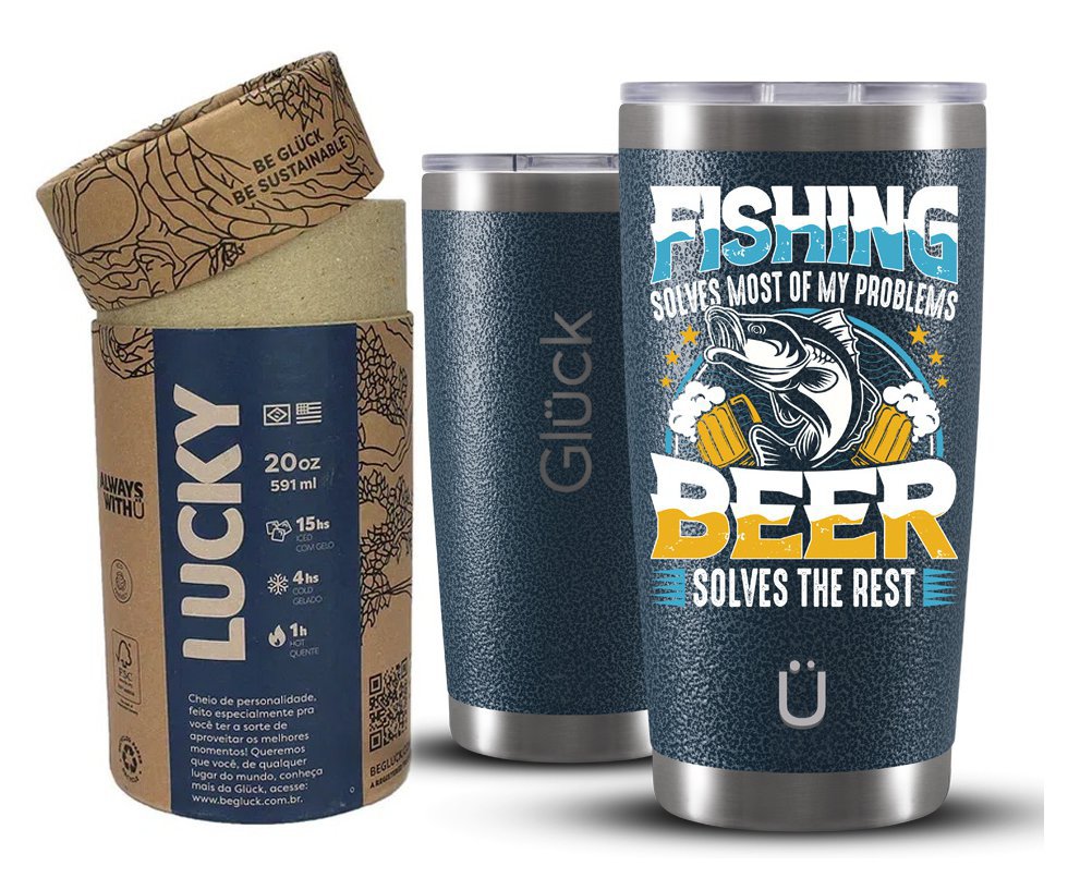 Copo Térmico Gluck Para Cerveja Lucky Future Fishing & Beer Solves 591ml Inox Hammer Blue
