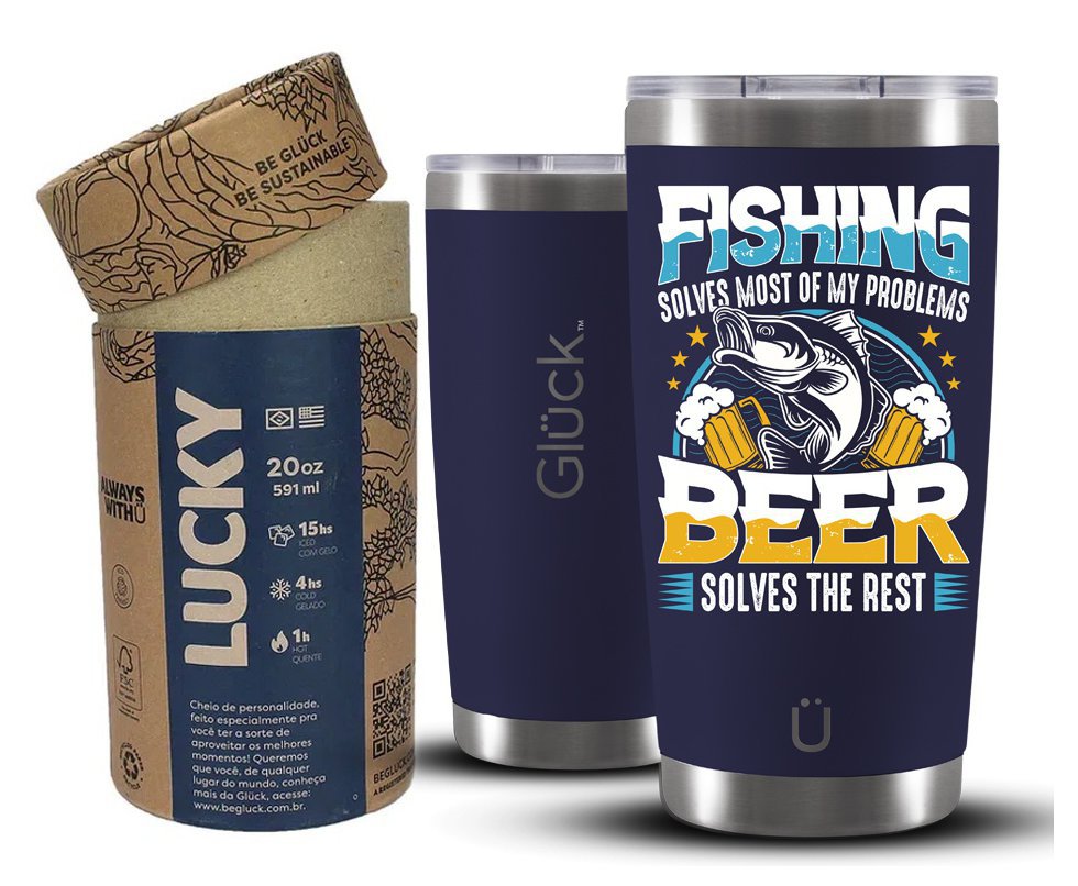 Copo Térmico Gluck Para Cerveja Lucky Future Fishing & Beer Solves 591ml Inox  Nigth Blue