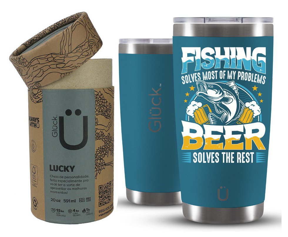 Copo Térmico Gluck Para Cerveja Lucky Future Fishing & Beer Solves 591ml Inox Porsches Blue