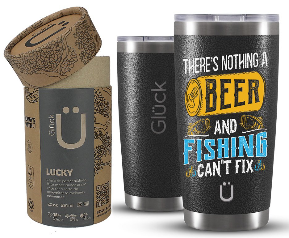 Copo Térmico Gluck Para Cerveja Lucky Future Fishing & Beer cant Fix 591ml Inox Hammer Black