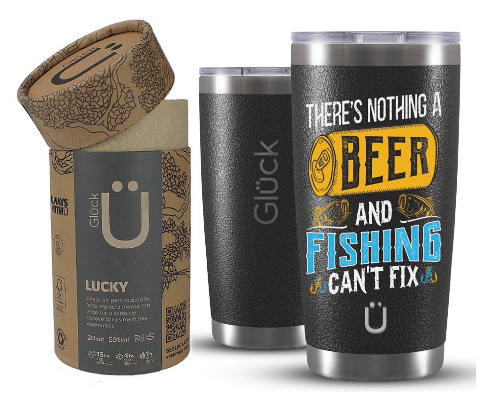Copo Térmico Gluck Para Cerveja Lucky Future Fishing & Beer cant Fix 591ml Inox Hammer Black
