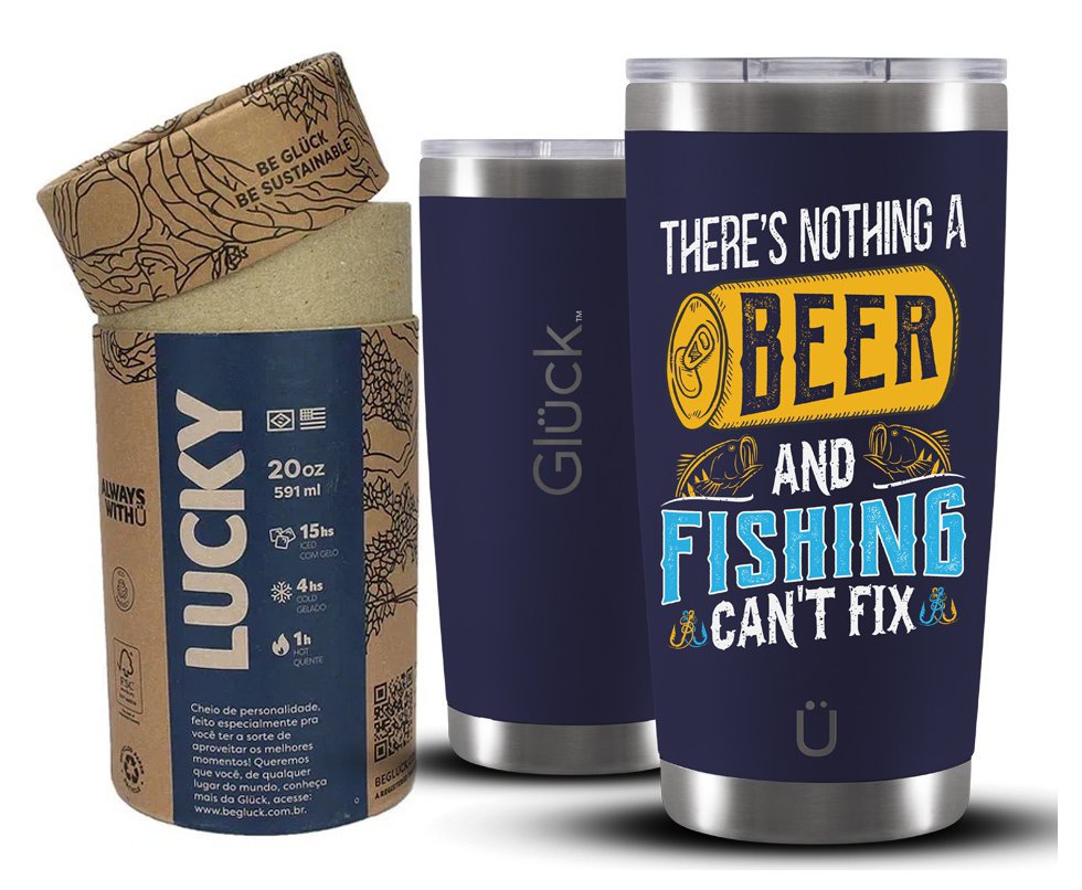Copo Térmico Gluck Para Cerveja Lucky Future Fishing & Beer Cant Fix 591ml Inox Night Blue