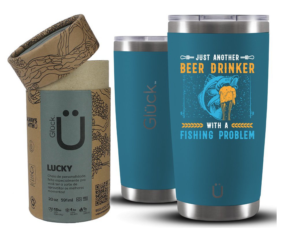 Copo Térmico Gluck Para Cerveja Lucky Future Fishing & Beer Drinker 591ml Inox Porshe Blue