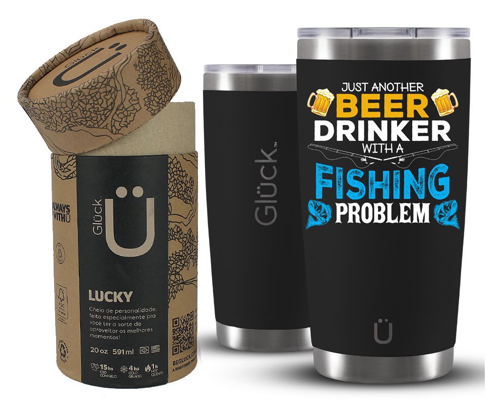 Copo Térmico Gluck Para Cerveja Lucky Future Fishing & Beer Problem 591ml Inox Black