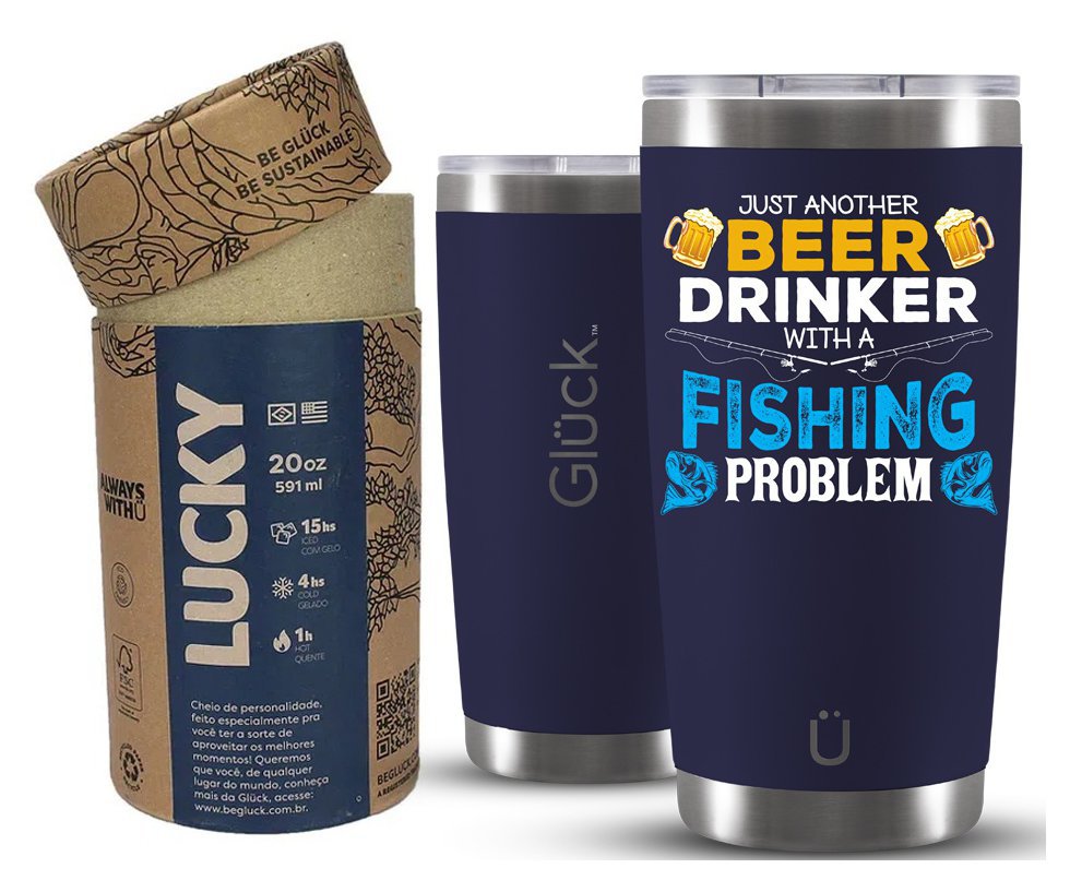 Copo Térmico Gluck Para Cerveja Lucky Future Fishing & Beer Problem 591ml Inox Night Blue
