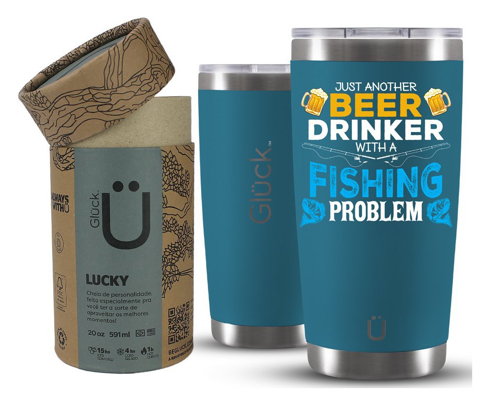 Copo Térmico Gluck Para Cerveja Lucky Future Fishing & Beer Problem 591ml Inox Porsche Blue