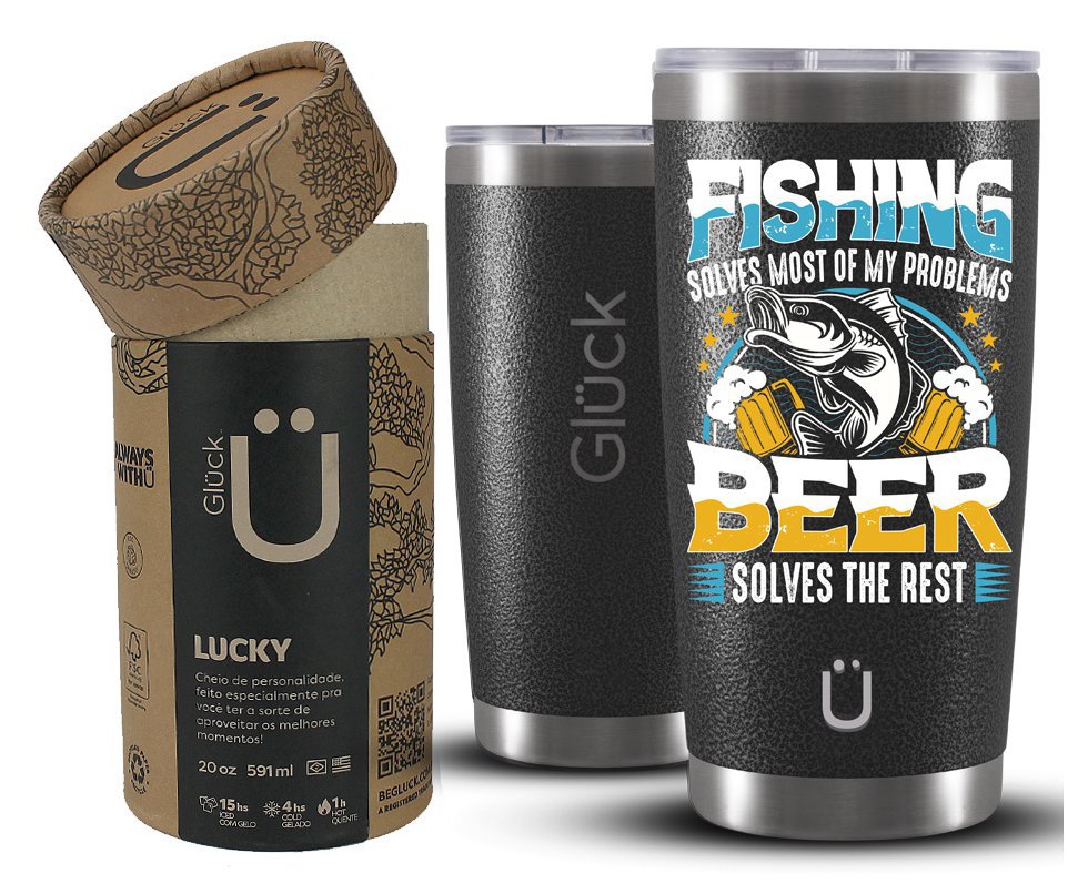 Copo Térmico Gluck Para Cerveja Lucky Future Fishing & Beer Solves 591ml Inox Hammer Black