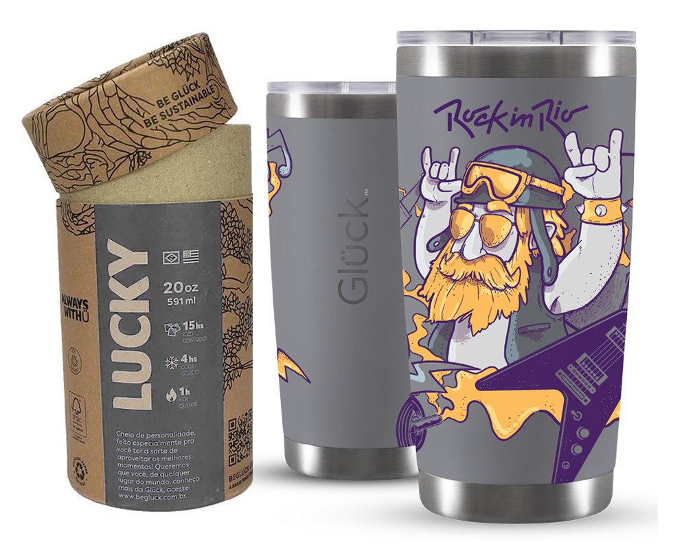 Copo Térmico Gluck Lucky Future Rock In Rio Be Yourself 591ml Titanium