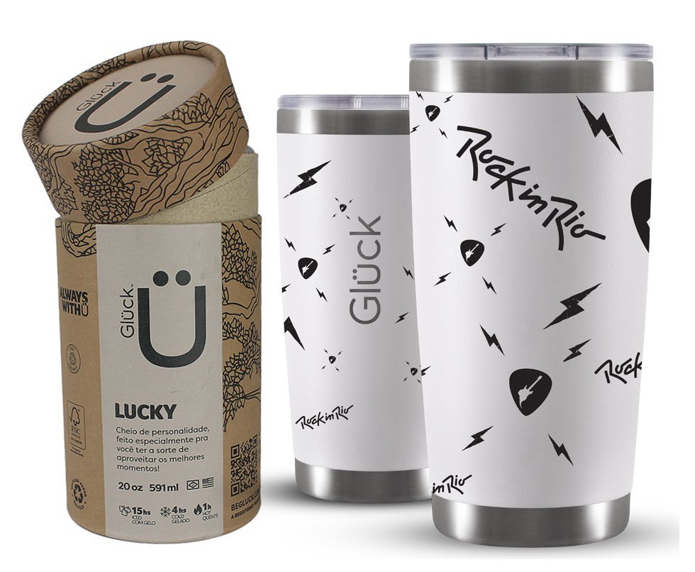 Copo Térmico Gluck Lucky Future Rock In Rio Guitar Palette 591ml Off White