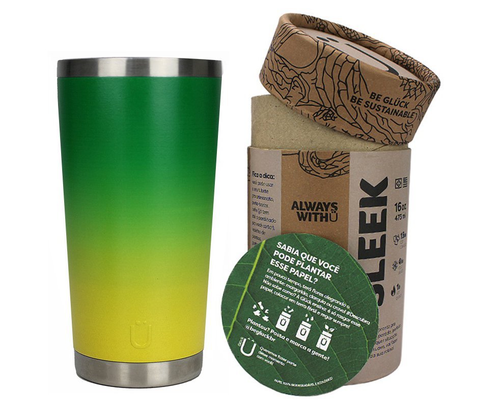 Copo Térmico Gluck Sleek Future Brasil Degradê em Aço Inox 473ml Suporta 4h Gelado
