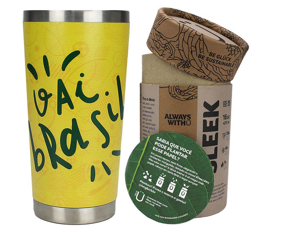 Copo Térmico Gluck Sleek Future Brasil Vai Brasil em Aço Inox 473ml Suporta 4h Gelado