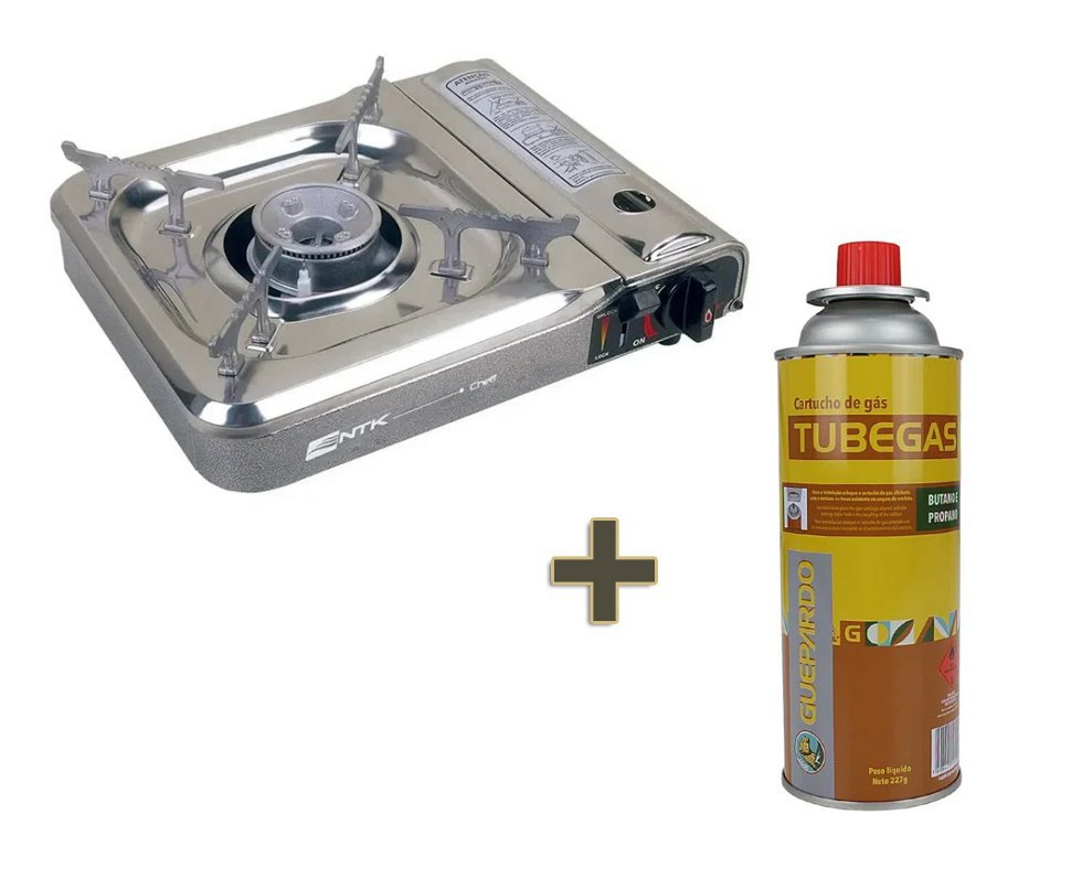 Fogareiro Cheff Base Inox Controle De Saida De Gas Nautika + 01 Refil para fogareiro e maçarico Tube Gás 227 Gr - Guepardo