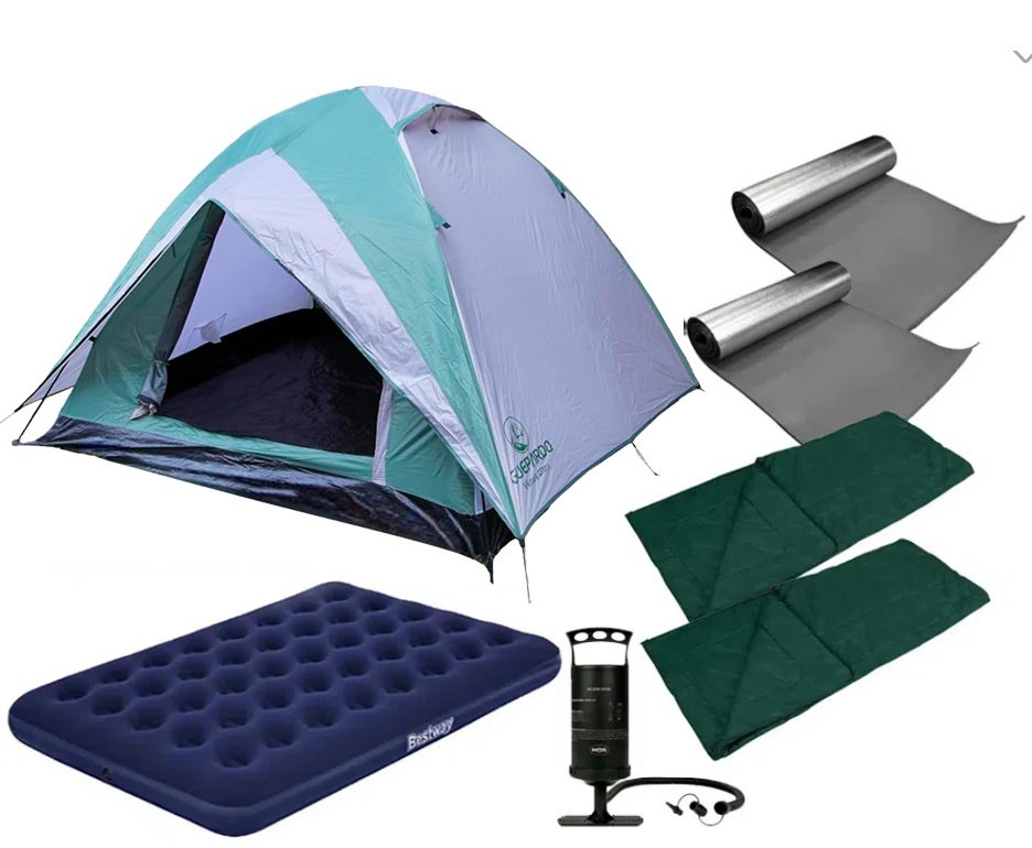 Barraca Guepardo News Vênus Ultra PRO 3 Pessoas 2500mm + Colchão de Casal + Bomba de Ar  + Isolantes + Sacos de Dormir