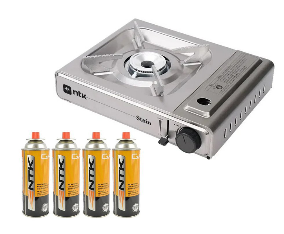 Fogareiro Frontier Inox Portatil Para Cozinha E Camping Cheff Stain - NTK + Kit 4 Refil de Gás Nautika