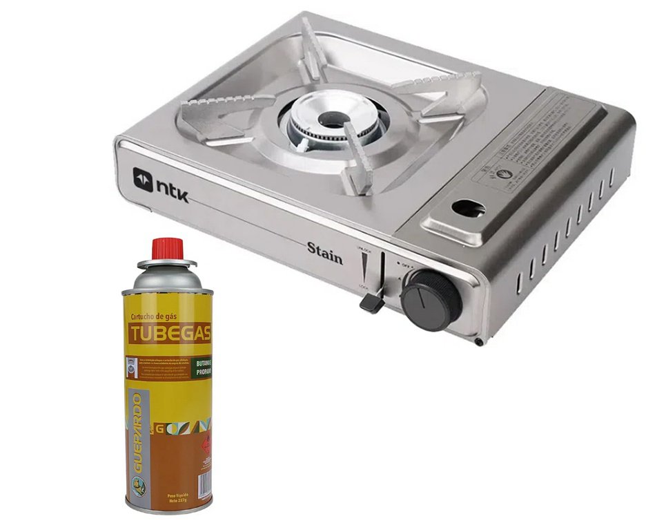 Fogareiro Frontier Inox Portatil Para Cozinha E Camping Cheff Stain - NTK + Refil de gás