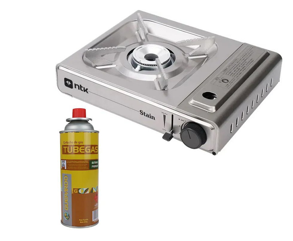 Fogareiro Frontier Inox Portatil Para Cozinha E Camping Cheff Stain - NTK + Refil de gás