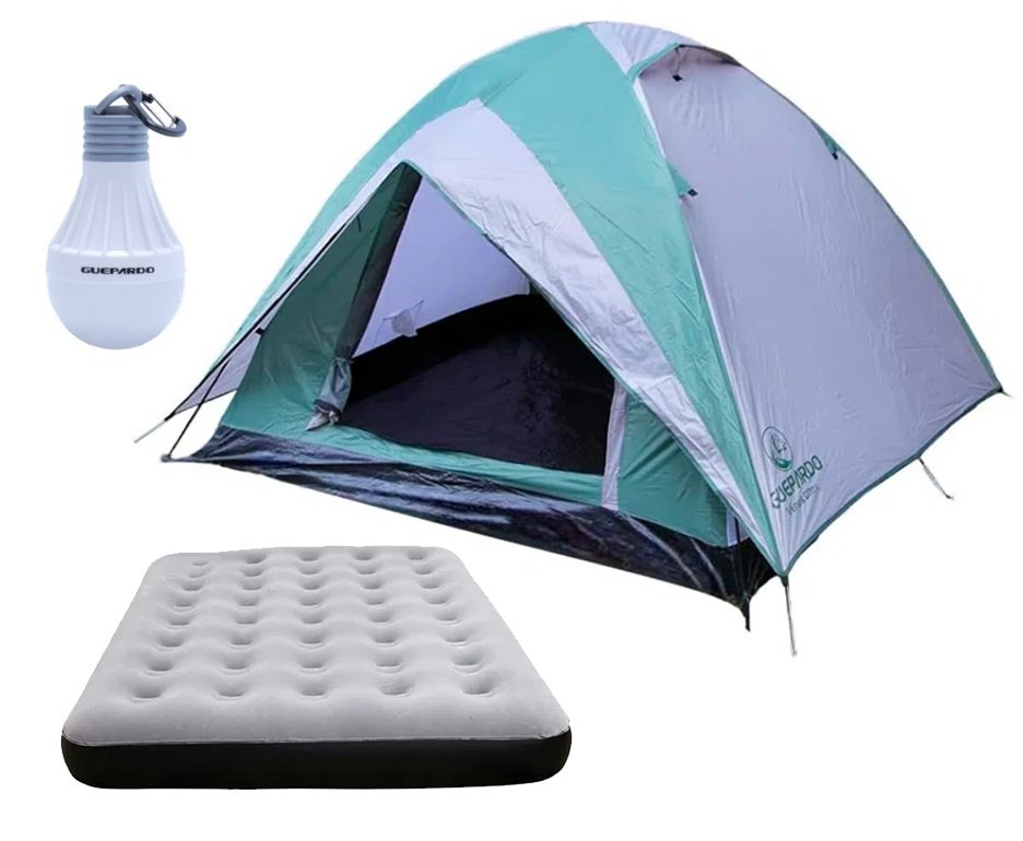 Barraca Guepardo News Venus Ultra PRO 4 Pessoas 2500mm Coluna D Agua - VD/CZ + Colchão Inflável Casal suporta 200kg + Lâmpada Inteligente