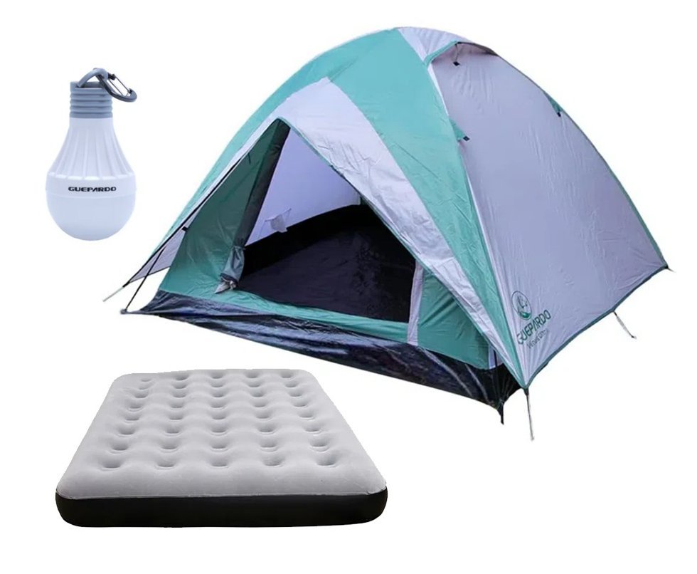 Barraca Guepardo News Venus Ultra PRO 4 Pessoas 2500mm Coluna D Agua - VD/CZ + Colchão Inflável Casal suporta 200kg + Lâmpada Inteligente