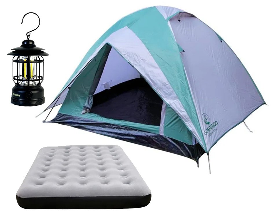 Barraca Guepardo News Venus Ultra PRO 4 Pessoas 2500mm Coluna D Agua - VD/CZ + Colchão Inflável Casal suporta 200kg  + Lampião Ledlamp - Nautika