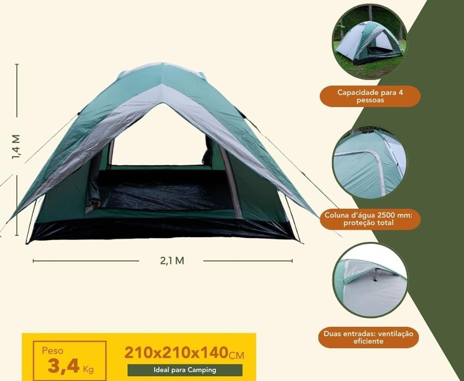 Barraca Guepardo News Vênus Ultra PRO 3 Pessoas 2500mm Coluna D' Água - Verde + 2 Colchão Inflável Solteiro