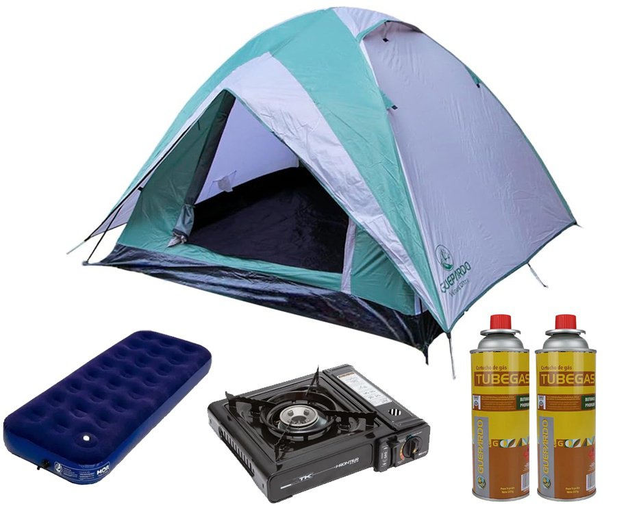 Barraca Guepardo News Vênus Ultra PRO 3 Pessoas 2500mm Coluna D' Água - Verde + Colchão casal + Fogareiro + 02 Refil de gás