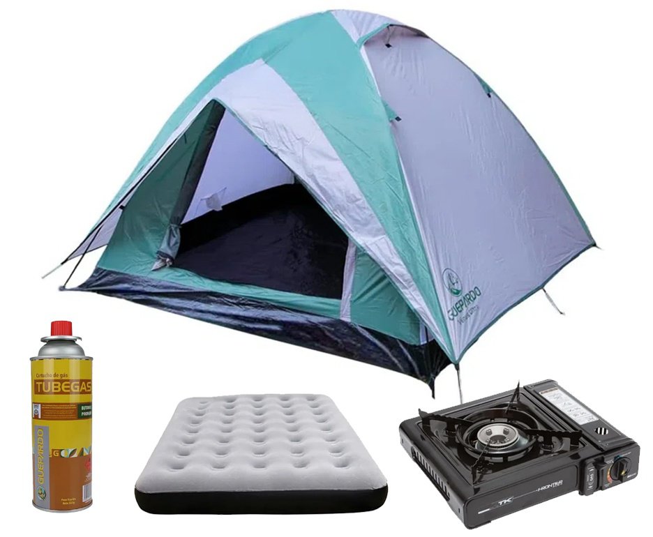 Barraca Guepardo News Vênus Ultra PRO 3 Pessoas 2500mm Coluna D' Água - Verde + Colchão casal + Fogareiro + 02 Refil de gás