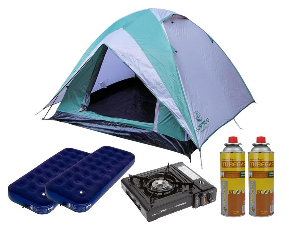 Barraca Guepardo News Vênus Ultra PRO 3 Pessoas 2500mm Coluna D' Água - Verde + 2 Colchão Inflável Solteiro + Fogareiro + 2 Refil Gás