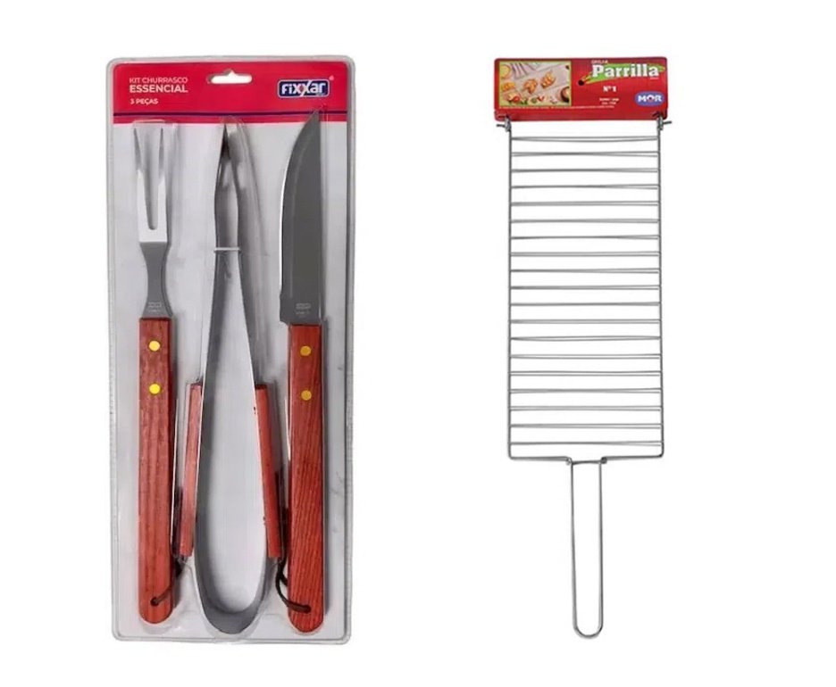 Grelha Parrilla 01 - Mor + Kit Churrasco Inox 3 Pcs Essencial UD 3701 - Fixxar