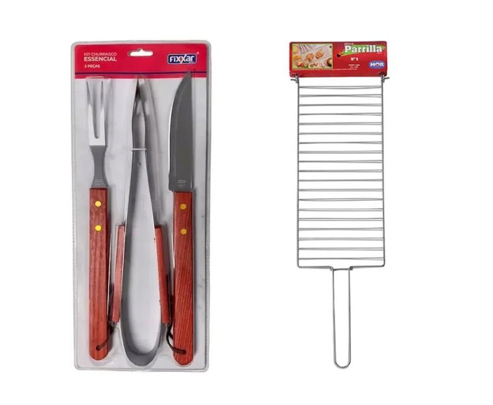 Grelha Parrilla 01 - Mor + Kit Churrasco Inox 3 Pcs Essencial UD 3701 - Fixxar