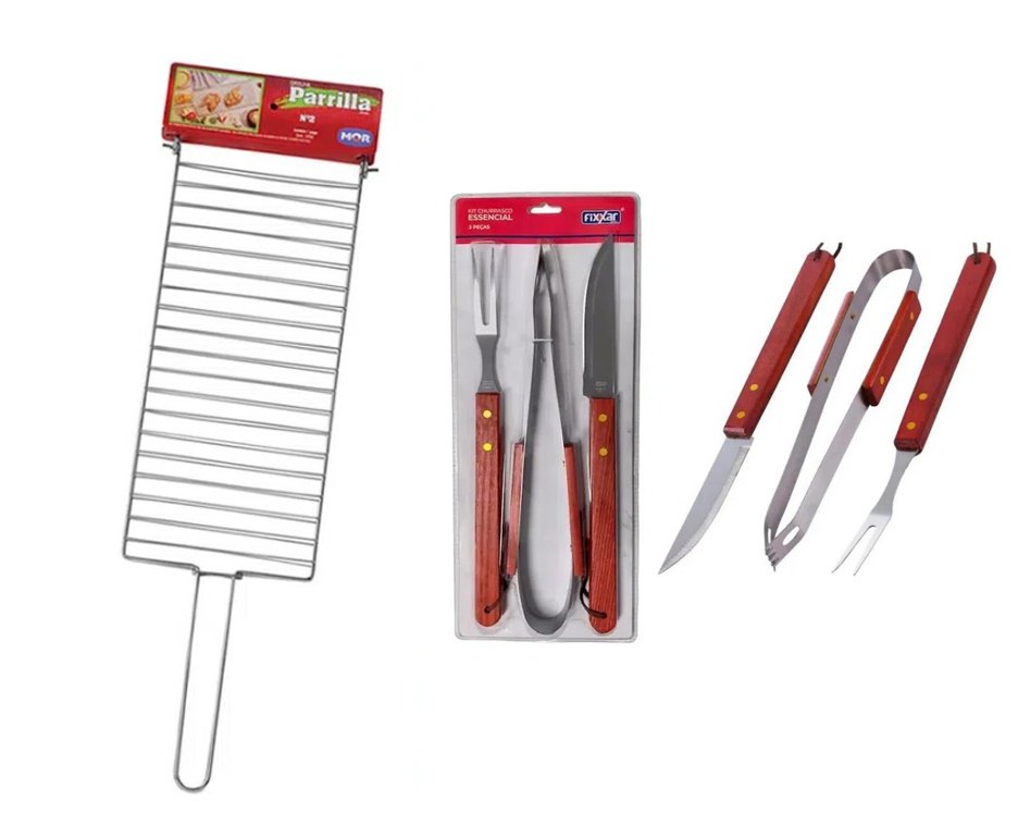 Grelha Parrilla Para Churrasco 02 Ref. 003102 - Mor + Kit Churrasco Inox 3 Pcs Essencial UD 3701 - Fixxar