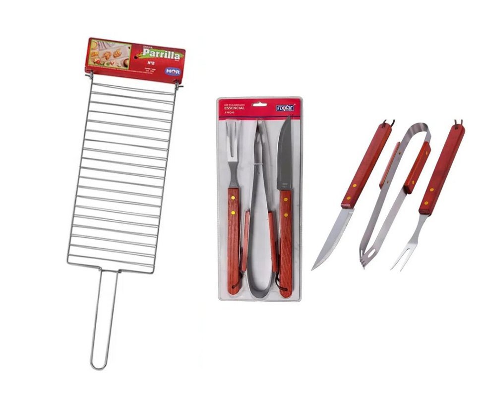 Grelha Parrilla Para Churrasco 02 Ref. 003102 - Mor + Kit Churrasco Inox 3 Pcs Essencial UD 3701 - Fixxar