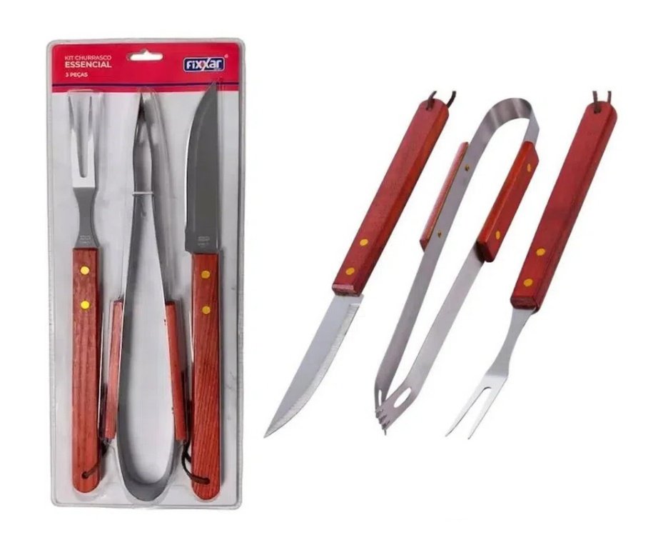 Grelha Parrilla 03 Ref. 003103 - Mor + Kit Churrasco Inox 3 Pcs Essencial UD 3701 - Fixxar