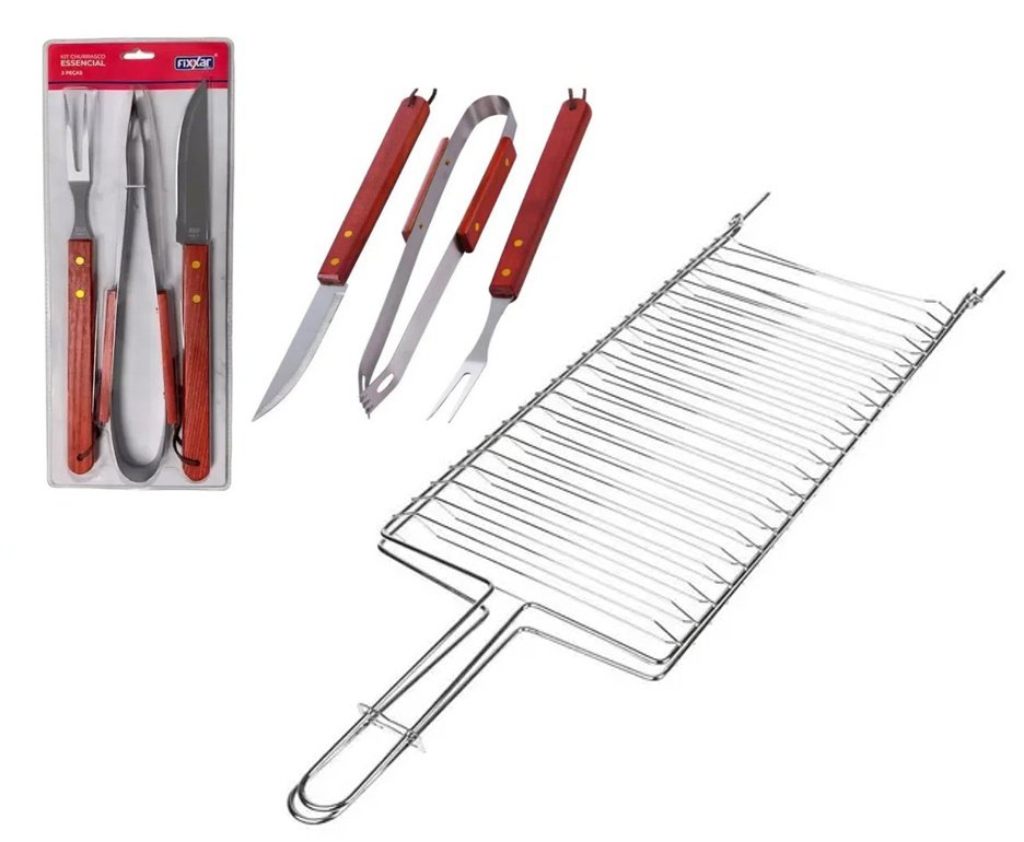 Grelha Parrilla 03 Ref. 003103 - Mor + Kit Churrasco Inox 3 Pcs Essencial UD 3701 - Fixxar