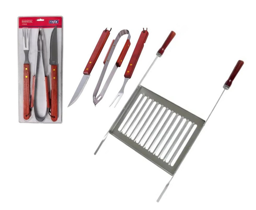 Grelha Alumínio Pro Ref. 003125 - Mor + Kit Churrasco Inox 3 Pcs Essencial UD 3701 - Fixxar
