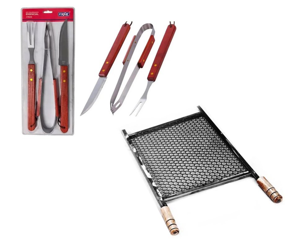 Grelha Aço Inox 50x40 - Zatti + Kit Churrasco Inox 3 Pcs Essencial UD 3701 - Fixxar